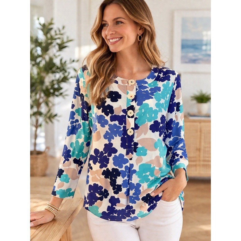 Boden Floral Cotton Popover Shirt US 6 UK 10 Blue, Aqua Pink Long‎ Sleeve Button